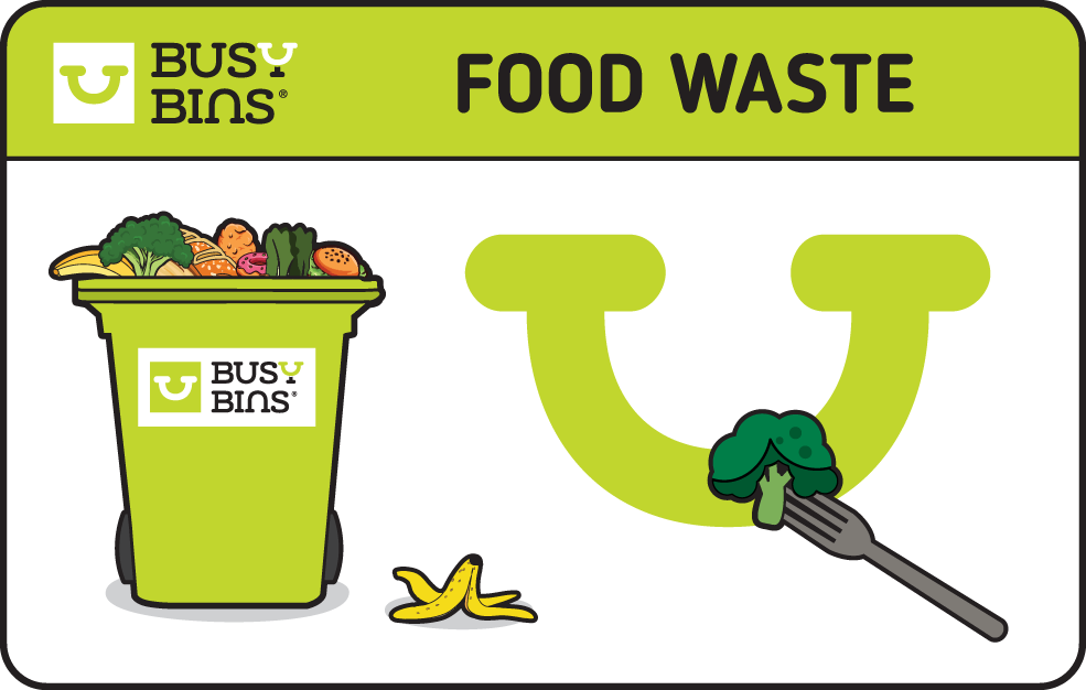 Busy Bins Logo adapted for Food Waste with brocolli on fork going into smile. Busy Bins green bin in the background filled with food waste items. 