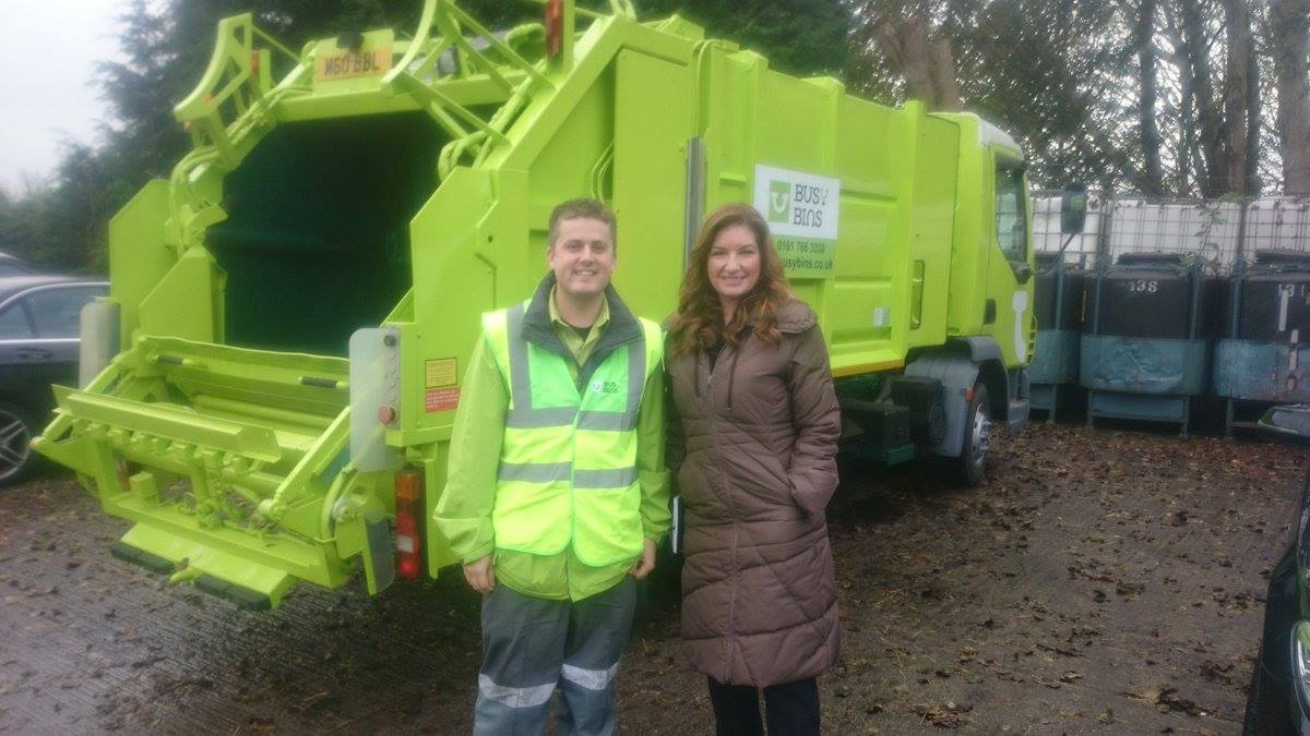 Busy Bins Founder Josh Morris first meeting with Karren Brady ready to begin filming for ITV's Give it a Year. Green Busy Bins bin truck in the background located at the first premises