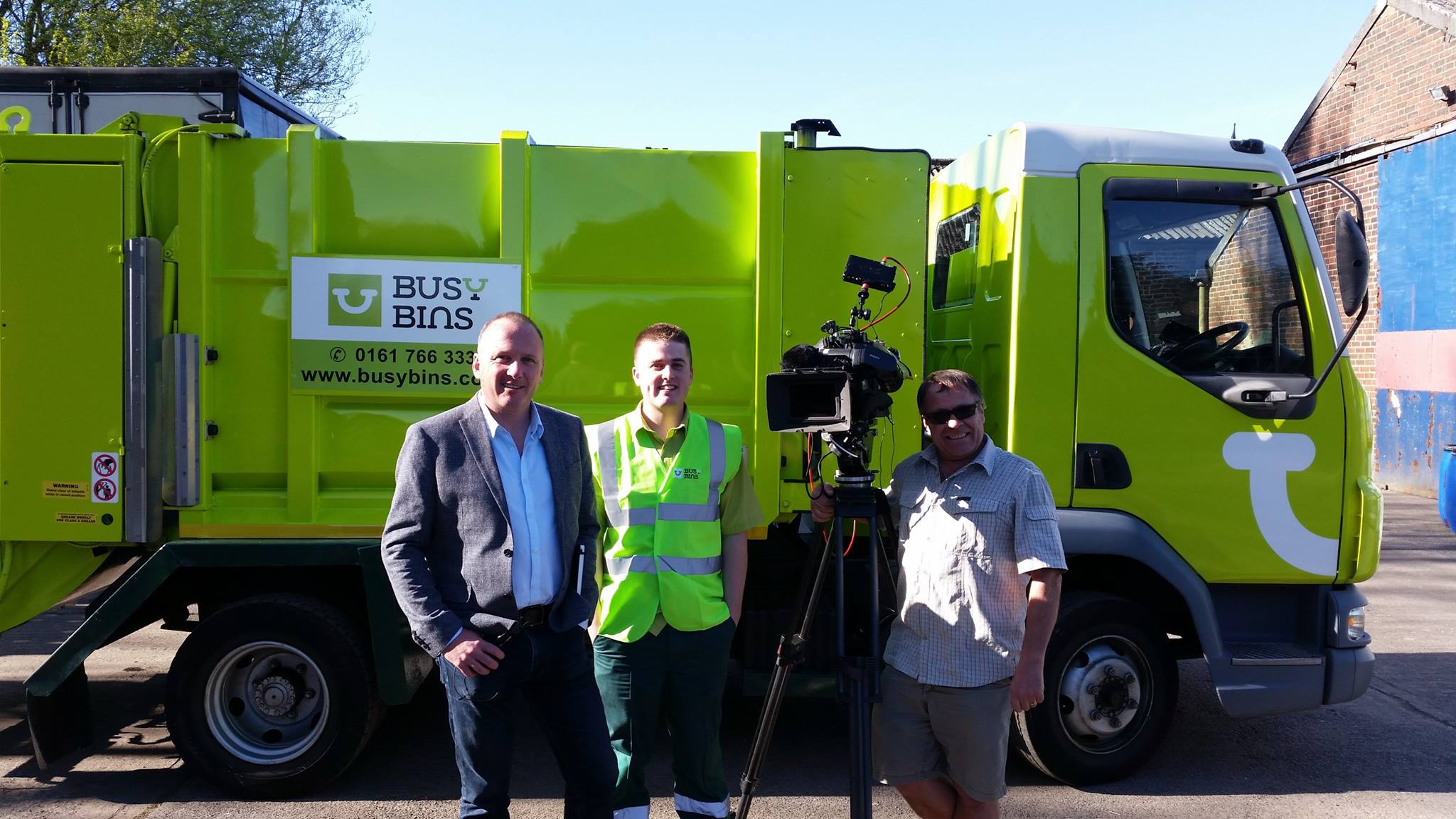 Busy Bins founder Josh Morris with Martin Geisler and cameraman Tony ready to film for ITV's Evening News. The interview was about the upcoming General Election in 2017.