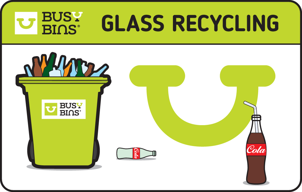 Busy Bins Logo adapted for Glass Recycling with coca cola bottle and straw going into smile. Busy Bins green bin in the background filled with glass waste items.