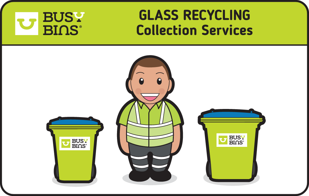Busy Bins Glass Waste Collection Services. Busy Bins Man Character with 140L Blue Lidded Bin and 240L BlueLidded Bin either side.