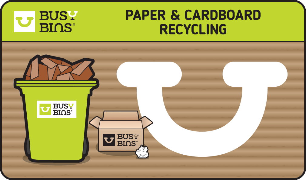 Busy Bins Logo adapted for Cardboard and Paper Recycling with the Busy Bins Smile next to an empty cardboard box with a corrugated cardboard effect background and a Busy Bins branded bin filled with cardboard at the side.  