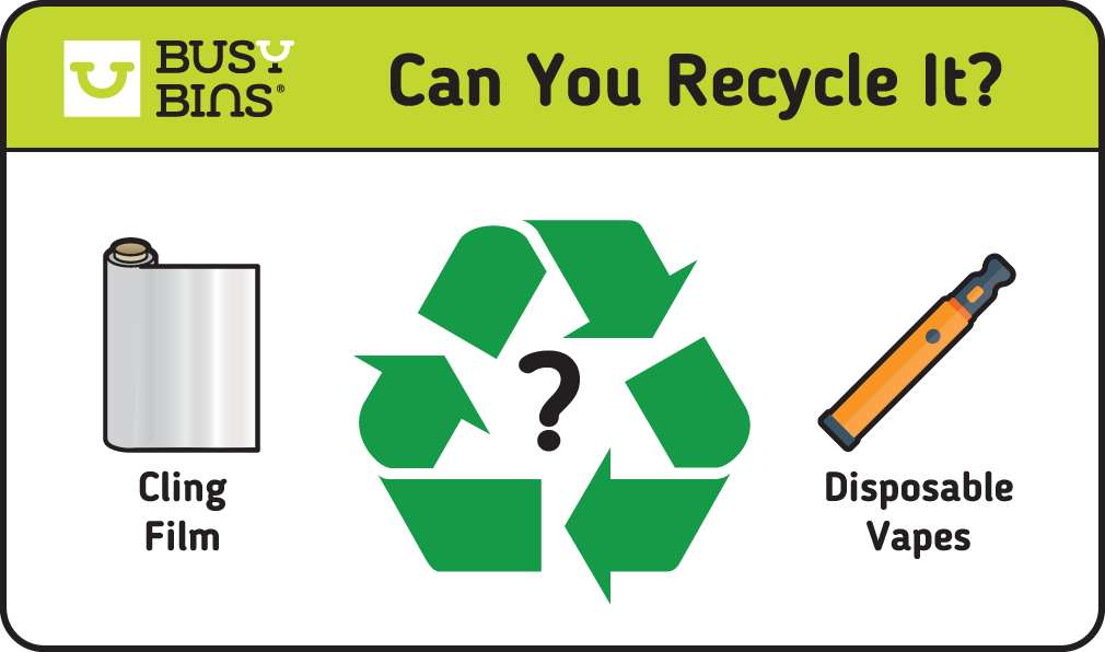 Can You Recycle It? Can It Be Recycled? Illustrated graphic with a large green recycling symbol with a question mark in the middle. Includes an image either side of cling film and disposable vapes as examples of items included in the text below. 