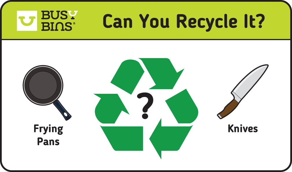 Can You Recycle It? Can It Be Recycled? Illustrated graphic with a large green recycling symbol with a question mark in the middle. Includes an image either side of a frying pan and knife as examples of items included in the text below. 