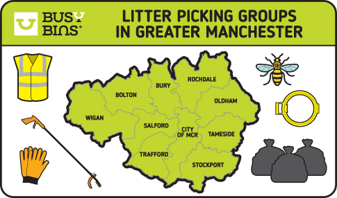 Litter Picking Groups in Greater Manchester. An outline map image of greater Manchester with the 10 boroughs included. Outline map is in Busy Bins green colour. Around the map outline is a hi viz vest, a litter picker with orange handle, a pair of orange gloves, 3 bin bags, a litter picking hoop and a Manchester worker bee. 