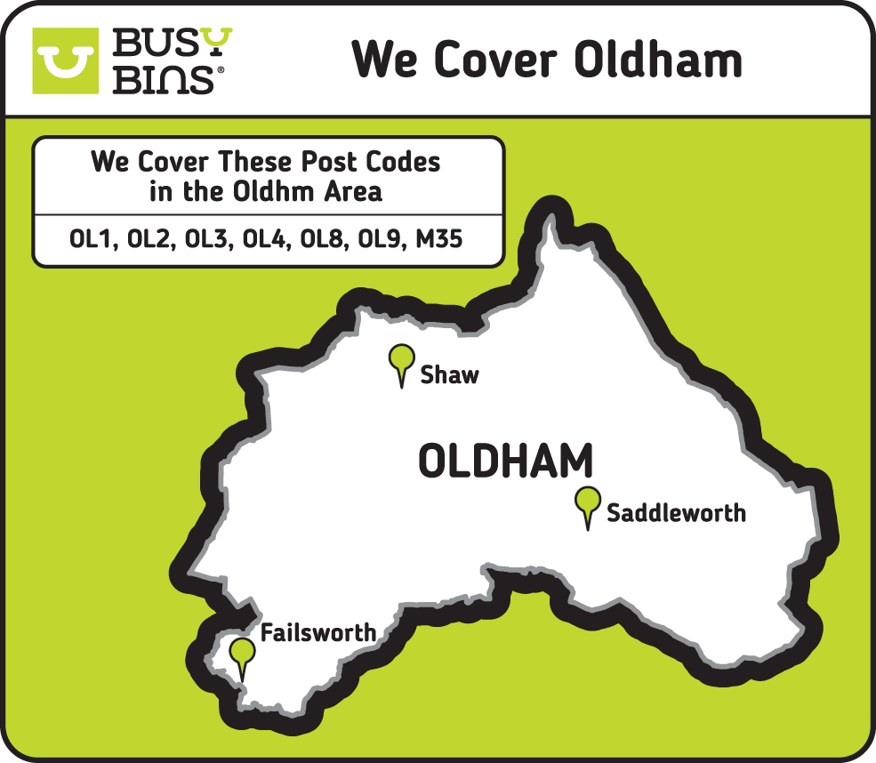We cover Oldham map. White map on a green background of the borough of Oldham council operating area. We cover the postcodes OL1, OL2, OL3, OL4, OL8, OL9, M35.