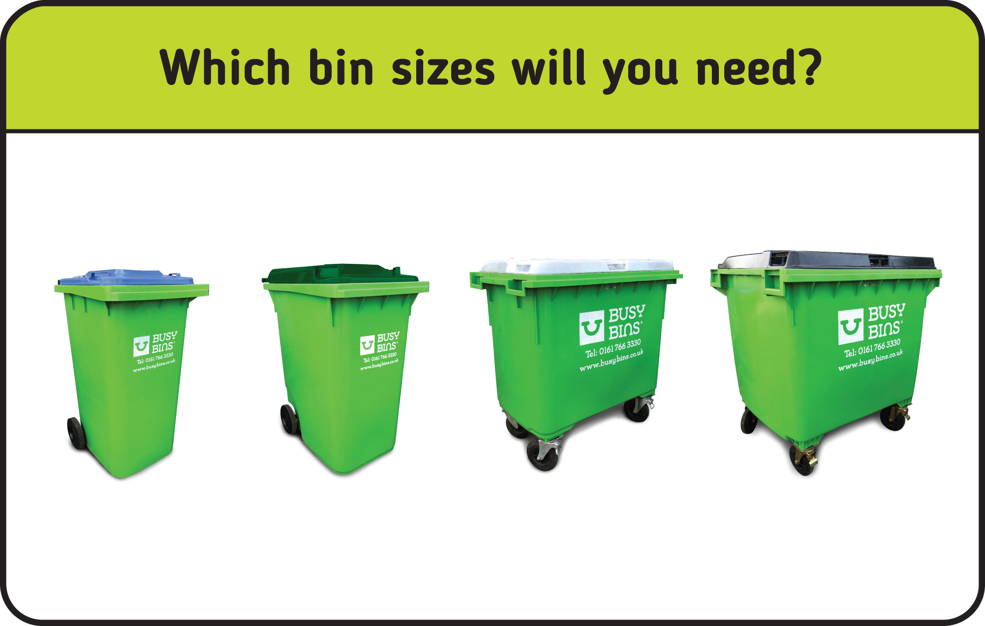 Which bin size will you need? Options on display below: 240 litre with Blue lid, 360 litre with Green Lid, 660 litre with white lid, 1100 litre with black lid. 