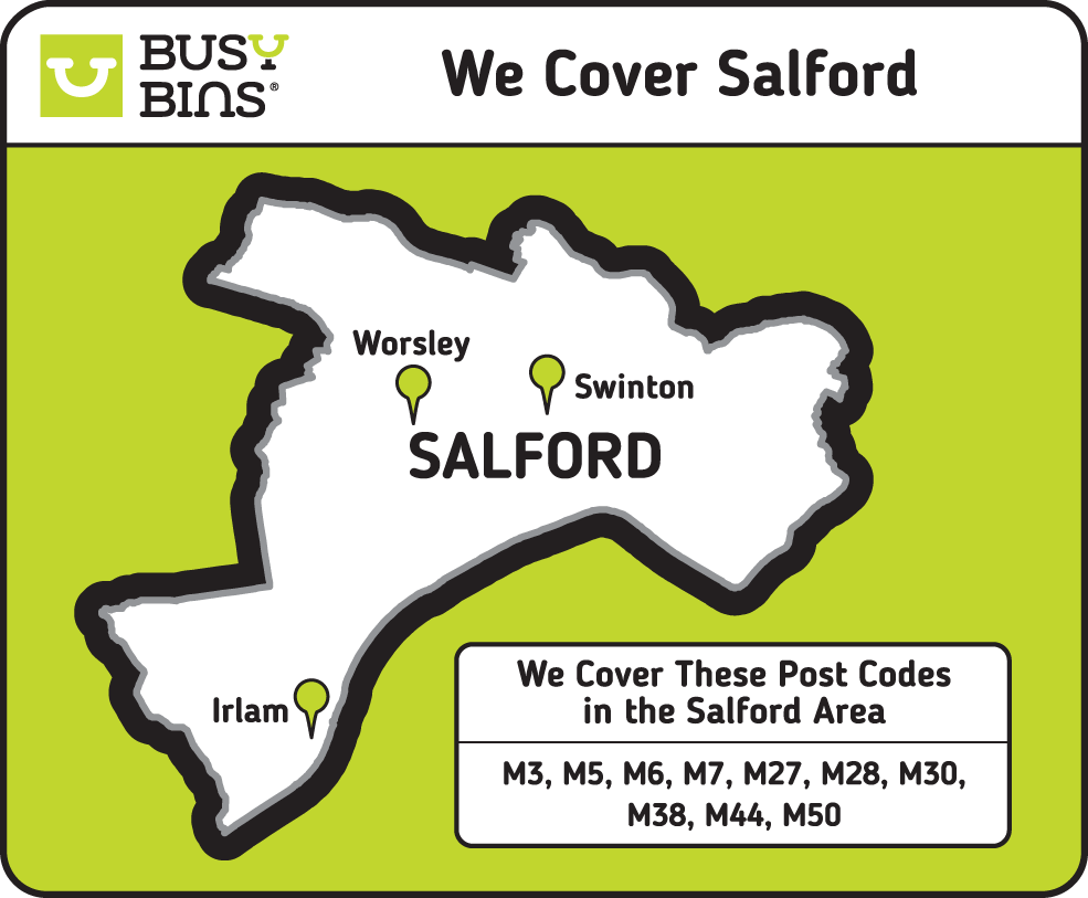 We cover Salford map. White map on a green background of the Salford council operating area. We cover the postcodes M3, M5, M6, M7, M27, M28, M30, M38, M44, M50