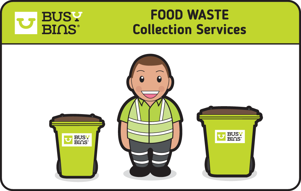 Busy Bins Food Waste Collection Services. Busy Bins Man Character with 140L Brown Lidded Bin and 240L Brown Lidded Bin either side.